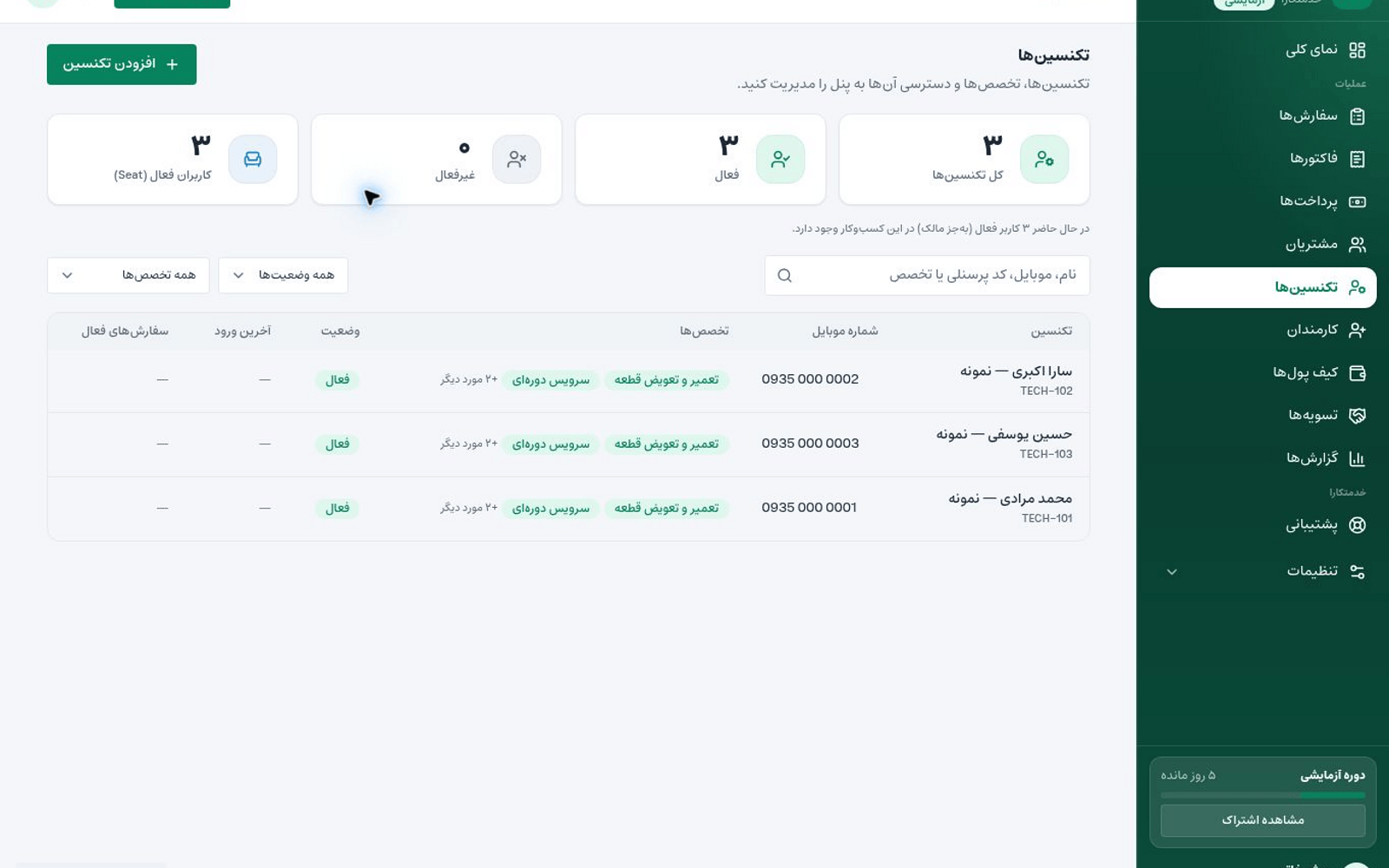 نمای مدیریت سفارشهای شرکت خدمات نظافتی در خدمتکارا